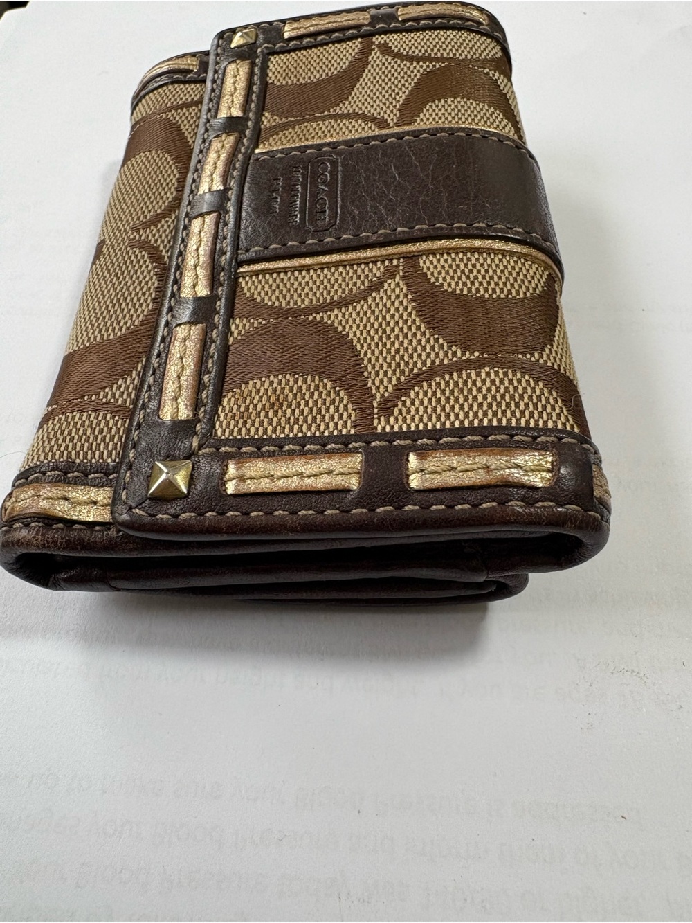 Vintage Coach Signature Jacquard Trifold Wallet Brown Khaki Gold Trim Y2K - Picture 3 of 5
